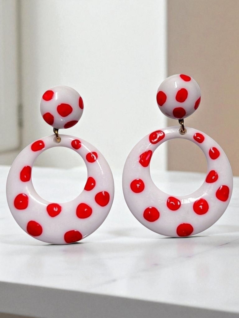 Vintage White and Red Polka Dot Hoop Drop Earrings